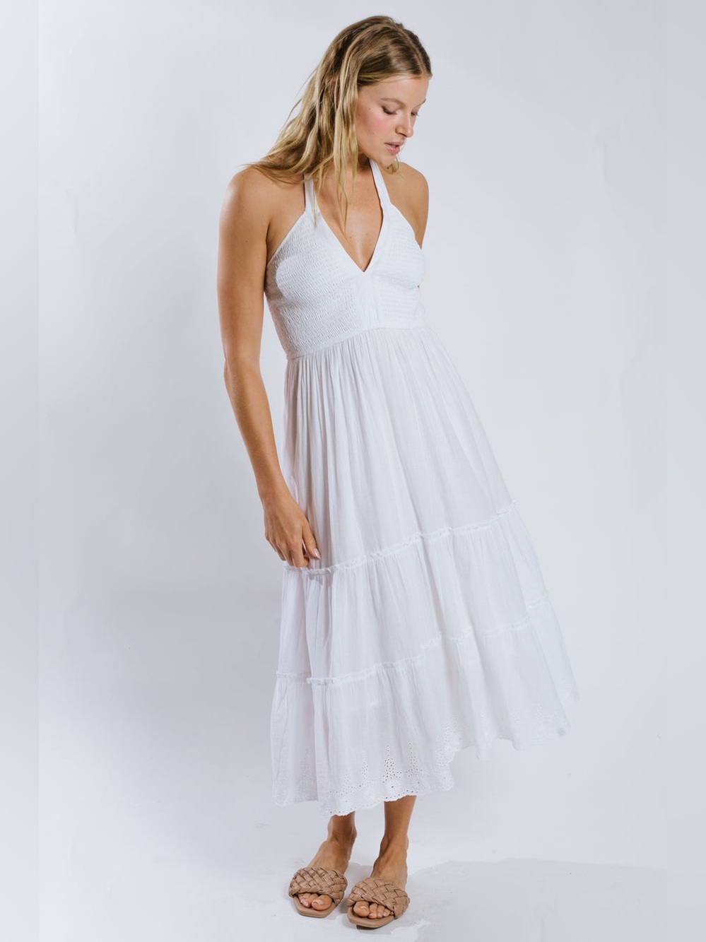 RA1 • Sashi Midi Halter Dress | White Halter Maxi Dress with Floral Embroidery